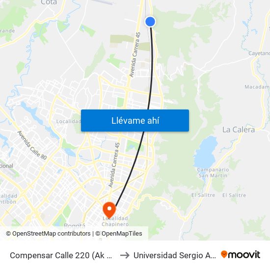 Compensar Calle 220 (Ak 7 - Cl 220) to Universidad Sergio Arboleda map