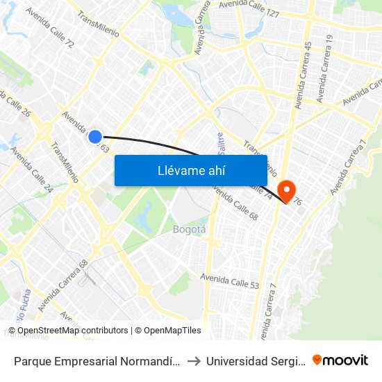 Parque Empresarial Normandía (Ac 63 - Kr 74a) to Universidad Sergio Arboleda map