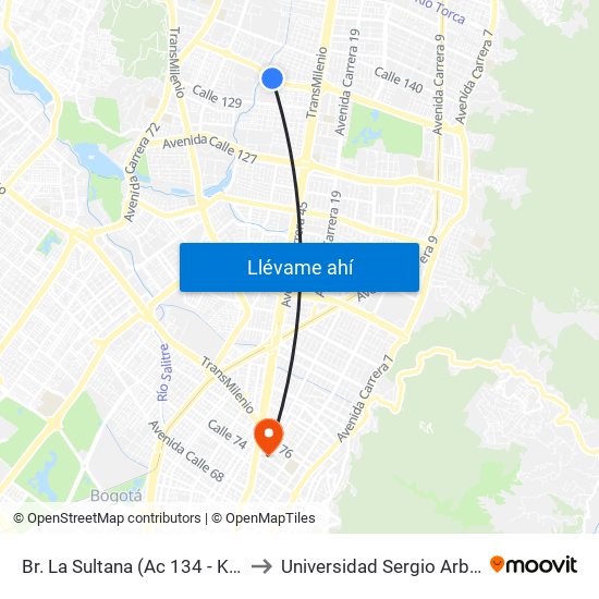 Br. La Sultana (Ac 134 - Kr 53b) to Universidad Sergio Arboleda map