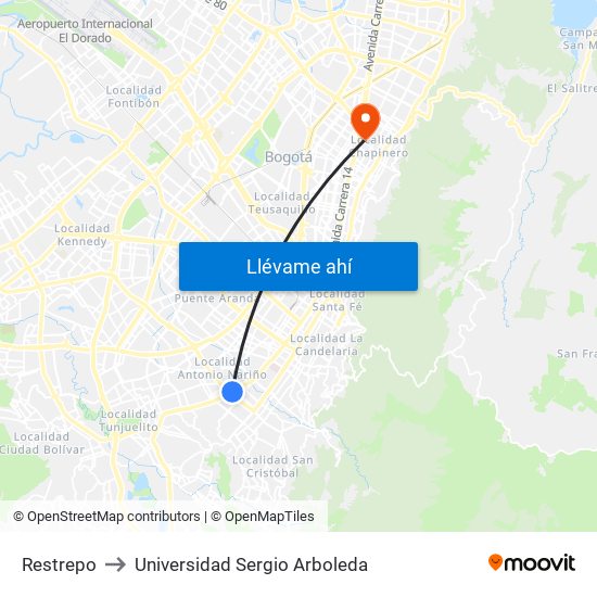 Restrepo to Universidad Sergio Arboleda map