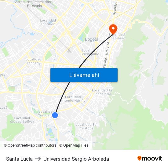 Santa Lucía to Universidad Sergio Arboleda map