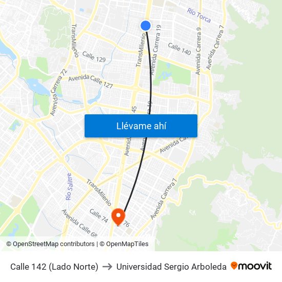 Calle 142 (Lado Norte) to Universidad Sergio Arboleda map