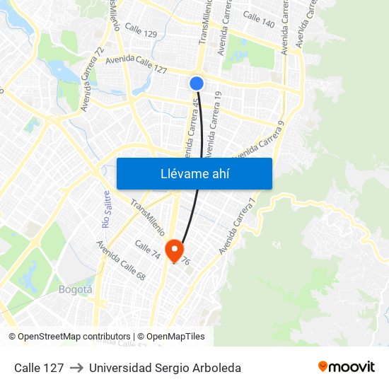 Calle 127 to Universidad Sergio Arboleda map