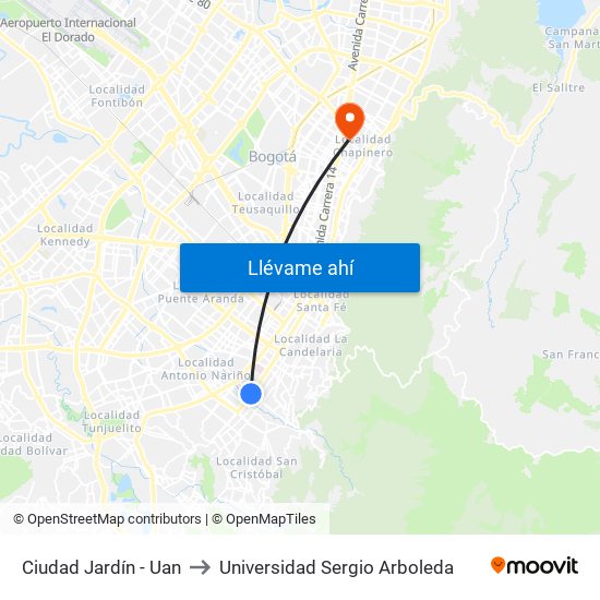 Ciudad Jardín - Uan to Universidad Sergio Arboleda map