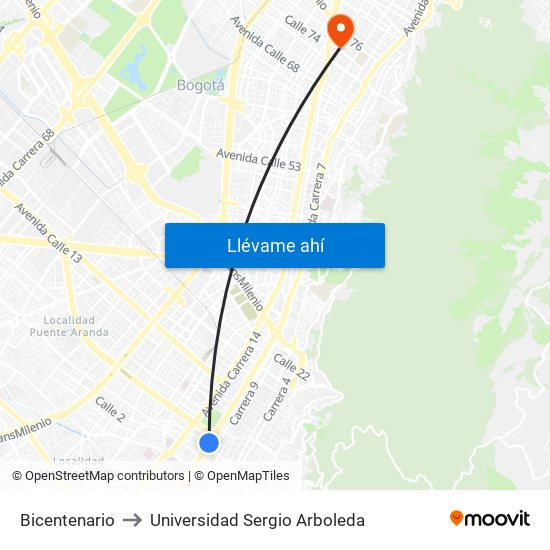 Bicentenario to Universidad Sergio Arboleda map