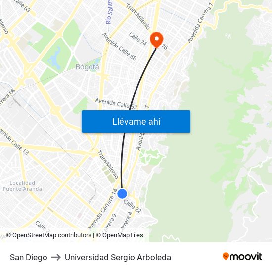 San Diego to Universidad Sergio Arboleda map