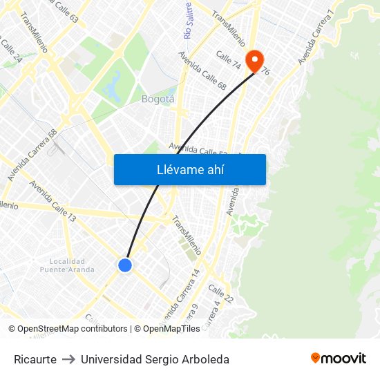 Ricaurte to Universidad Sergio Arboleda map