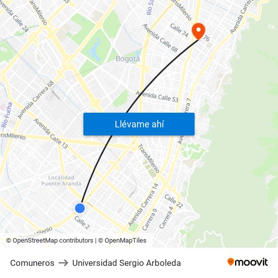 Comuneros to Universidad Sergio Arboleda map