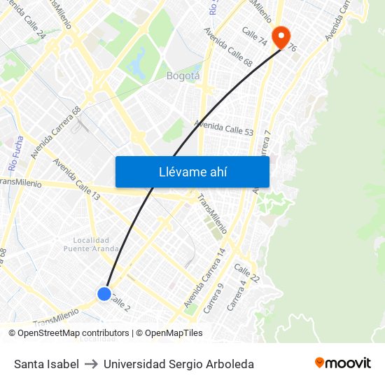 Santa Isabel to Universidad Sergio Arboleda map