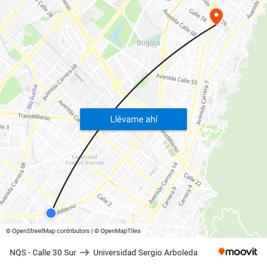 NQS - Calle 30 Sur to Universidad Sergio Arboleda map