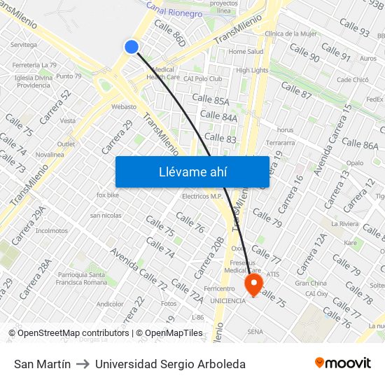 San Martín to Universidad Sergio Arboleda map