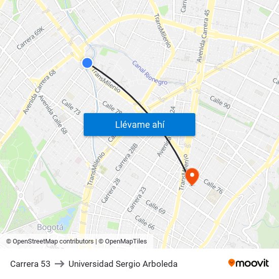 Carrera 53 to Universidad Sergio Arboleda map