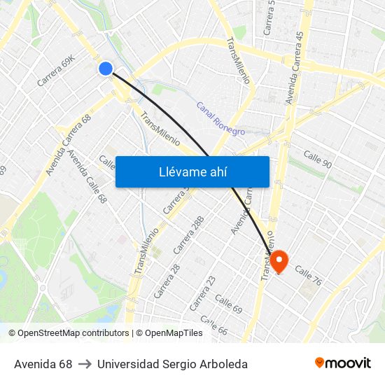 Avenida 68 to Universidad Sergio Arboleda map
