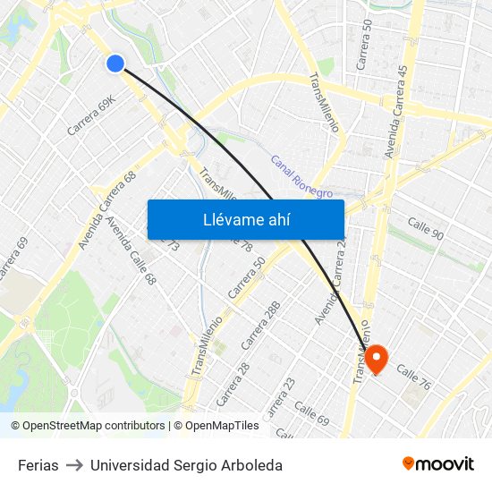 Ferias to Universidad Sergio Arboleda map