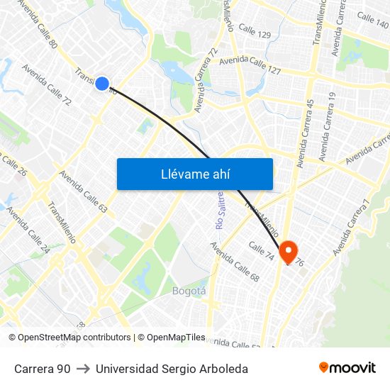 Carrera 90 to Universidad Sergio Arboleda map