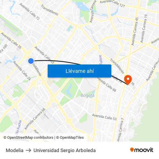 Modelia to Universidad Sergio Arboleda map