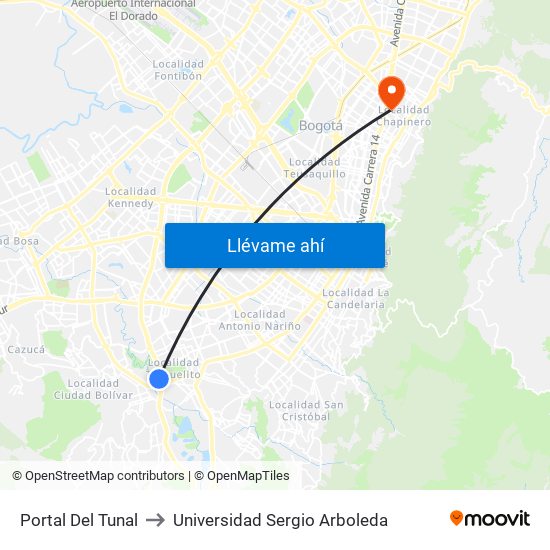 Portal Del Tunal to Universidad Sergio Arboleda map