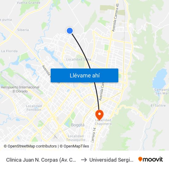 Clínica Juan N. Corpas (Av. Corpas - Cl 159a) to Universidad Sergio Arboleda map