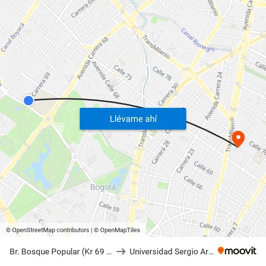 Br. Bosque Popular (Kr 69 - Cl 63a) to Universidad Sergio Arboleda map