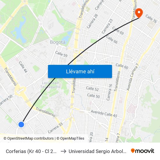 Corferias (Kr 40 - Cl 22a) to Universidad Sergio Arboleda map