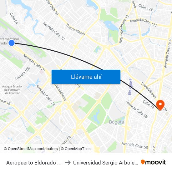 Aeropuerto Eldorado (E) to Universidad Sergio Arboleda map