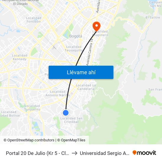 Portal 20 De Julio (Kr 5 - Cl 30a Sur) to Universidad Sergio Arboleda map