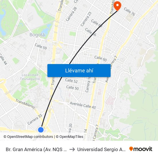 Br. Gran América (Av. NQS - Cl 25b) to Universidad Sergio Arboleda map