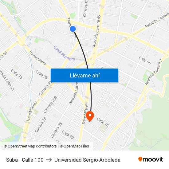 Suba - Calle 100 to Universidad Sergio Arboleda map