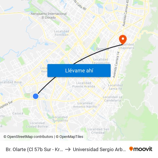 Br. Olarte (Cl 57b Sur - Kr 71d) to Universidad Sergio Arboleda map