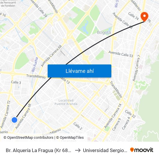 Br. Alquería La Fragua (Kr 68d - Cl 38a Sur) to Universidad Sergio Arboleda map