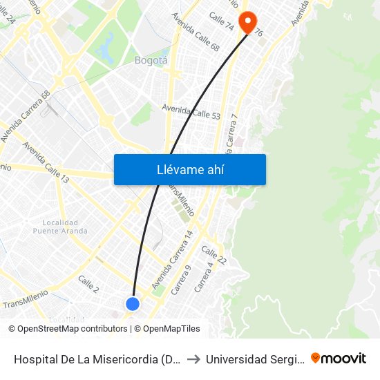 Hospital De La Misericordia (Dg 2 - Av. Caracas) to Universidad Sergio Arboleda map