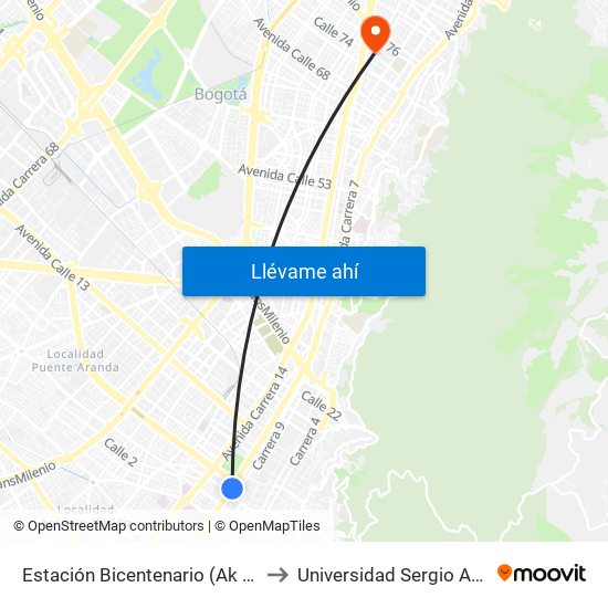 Estación Bicentenario (Ak 10 - Cl 4) to Universidad Sergio Arboleda map