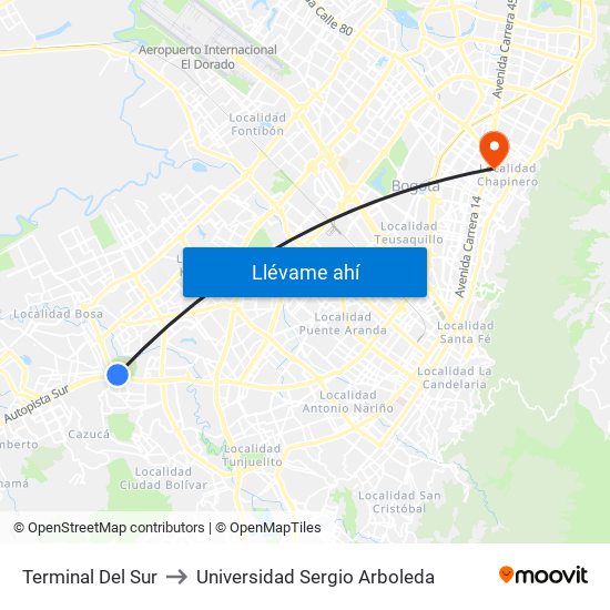 Terminal Del Sur to Universidad Sergio Arboleda map