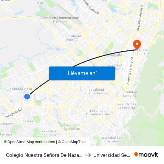 Colegio Nuestra Señora De Nazareth (Kr 80c - Cl 65d Sur) to Universidad Sergio Arboleda map