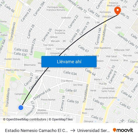 Estadio Nemesio Camacho El Campín (Ak 24 - Cl 53b) to Universidad Sergio Arboleda map