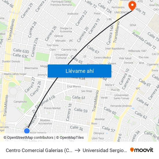 Centro Comercial Galerías (Cl 53b - Tv 25) to Universidad Sergio Arboleda map