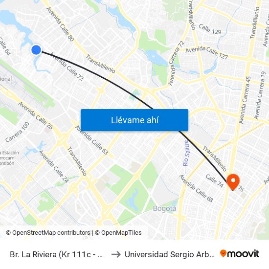 Br. La Riviera (Kr 111c - Cl 70f) to Universidad Sergio Arboleda map