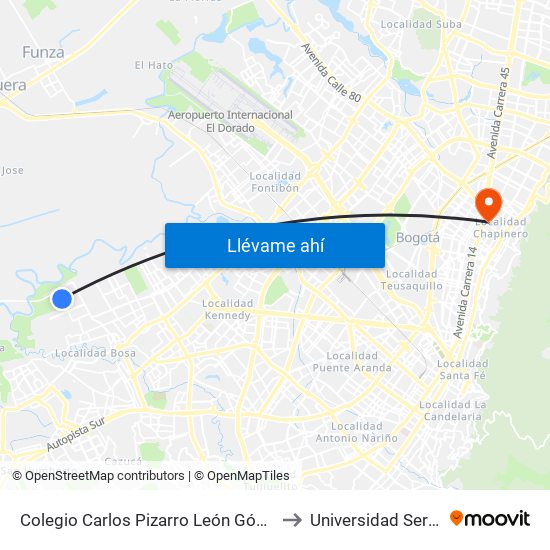 Colegio Carlos Pizarro León Gómez (Cl 73 Sur - Kr 103) to Universidad Sergio Arboleda map