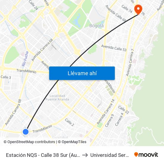 Estación NQS - Calle 38 Sur (Auto Sur - Dg 38a Sur) to Universidad Sergio Arboleda map