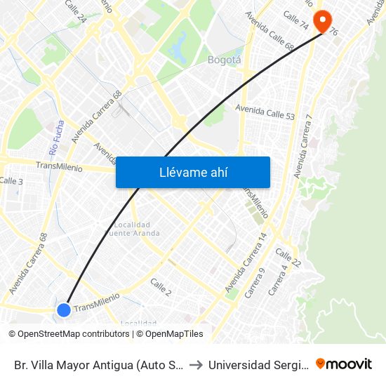 Br. Villa Mayor Antigua (Auto Sur - Cl 38 Bis Sur) to Universidad Sergio Arboleda map