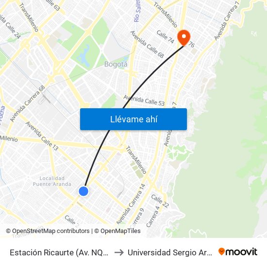 Estación Ricaurte (Av. NQS - Cl 9) to Universidad Sergio Arboleda map
