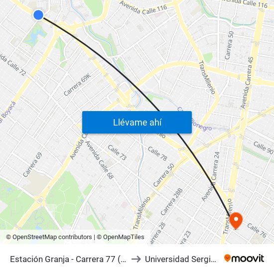 Estación Granja - Carrera 77 (Ac 80 - Tv 76d) to Universidad Sergio Arboleda map