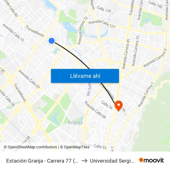 Estación Granja - Carrera 77 (Ac 80 - Tv 80a) to Universidad Sergio Arboleda map