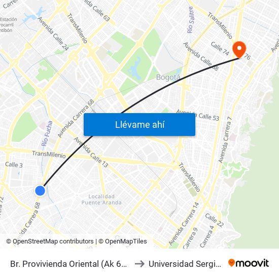 Br. Provivienda Oriental (Ak 68 - Cl 11 Sur) (A) to Universidad Sergio Arboleda map