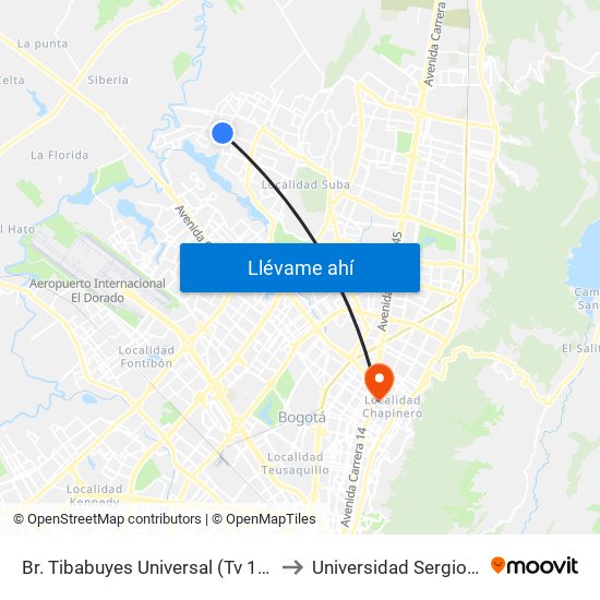 Br. Tibabuyes Universal (Tv 127 - Dg 138c) to Universidad Sergio Arboleda map