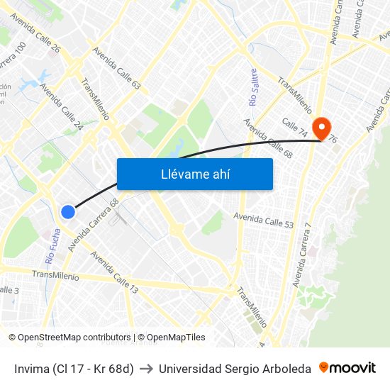 Invima (Cl 17 - Kr 68d) to Universidad Sergio Arboleda map