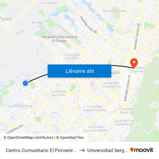 Centro Comunitario El Porvenir (Cl 52 Sur - Kr 100) to Universidad Sergio Arboleda map