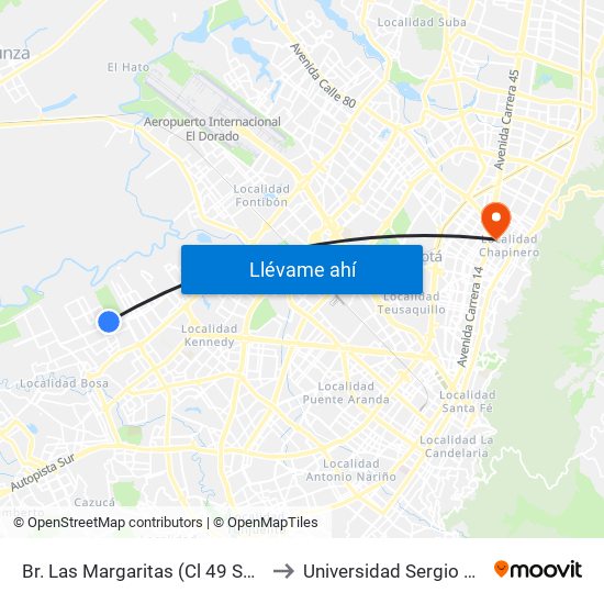 Br. Las Margaritas (Cl 49 Sur - Kr 90a) to Universidad Sergio Arboleda map