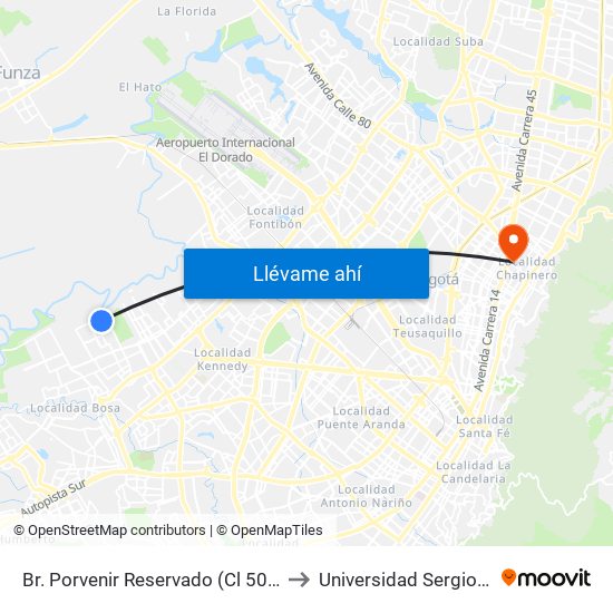 Br. Porvenir Reservado (Cl 50 Sur - Kr 98b) to Universidad Sergio Arboleda map