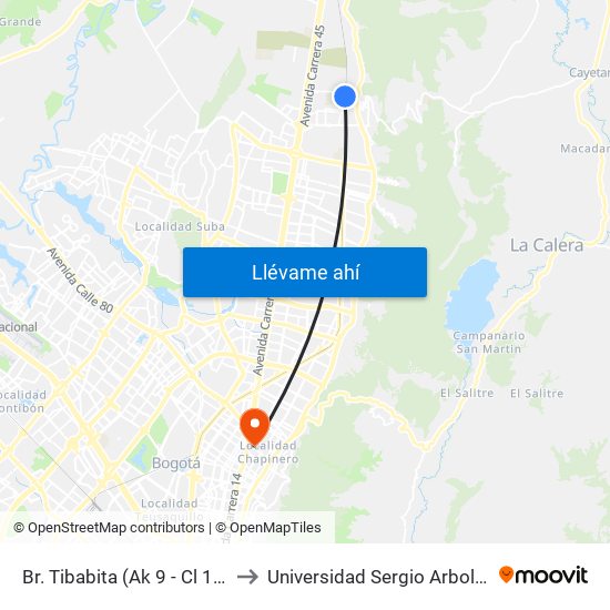 Br. Tibabita (Ak 9 - Cl 193) to Universidad Sergio Arboleda map